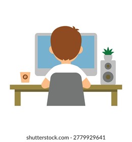 Man sitting at desk with computer and coffee cup working or browsing on internet at home office