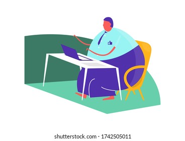 Man sitting at a desk with a computer. Flat vector design.