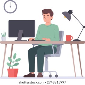 A man sitting at a desk with a computer and lamp