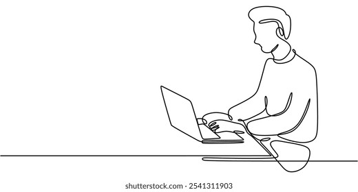 Mann sitzt an einem Schreibtisch mit einem Computer oder Laptop in einer durchgehenden einzeiligen Zeichnung dargestellt. Arbeits- und Bürokonzept Minimalistisches, handgezeichnetes Design.