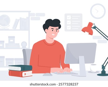 A man is sitting at a desk with a computer monitor in front of him. He is wearing a red shirt and focused on his work. The room is filled with books and a clock on the wall concept flat illustration