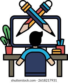 A man is sitting at a desk with a computer monitor and a pair of pencils. Concept of creativity and productivity, as the man is likely working on a project or task that requires drawing or writing