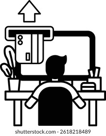 A man is sitting at a desk with a computer monitor in front of him