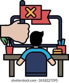 A man is sitting at a desk with a computer monitor in front of him. A hand is holding a red X over the monitor, symbolizing disapproval or rejection. Concept of frustration or disappointment