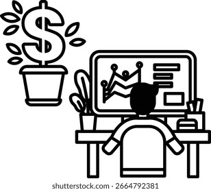 A man is sitting at a desk with a computer monitor in front of him. A plant is sitting on the desk next to the monitor. The plant is surrounded by a dollar sign