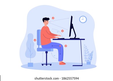 Hombre sentado en el escritorio en posición correcta de ilustración plana vectorial. Hombre de caricatura trabajando en la postura correcta para la espalda saludable y mantener la distancia entre computadora y ojos. Concepto de trabajo de oficina ergonómico