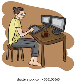 Man sitting at desk and drawing on graphics tablet. Young graphic designer using digital graphics tablet, computer and pen. Vector flat design illustration