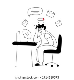 Man sitting at the desk and feel very tired. Vector outline illustration about burnout. 