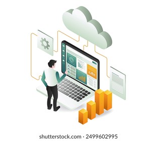 A man sitting at a desk, focused on his laptop screen displaying a cloud icon