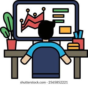 A man is sitting at a desk in front of a computer monitor. He is wearing a blue shirt and is focused on the screen. Concept of productivity and concentration