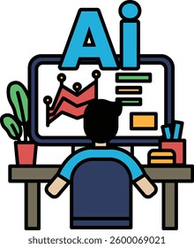A man is sitting at a desk in front of a computer monitor with the letters AI on the screen