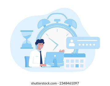 Un hombre sentado en un escritorio con un ordenador portátil y un concepto de reloj que marca la pauta ilustración plana