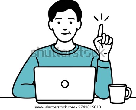 A man sitting at a desk with a laptop and coffee