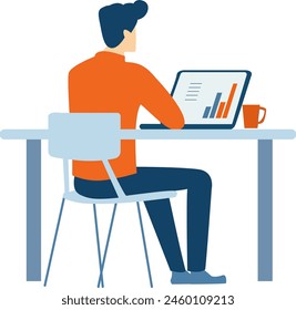 A man is sitting at a desk with a laptop and a cup of coffee, hand made not AI.