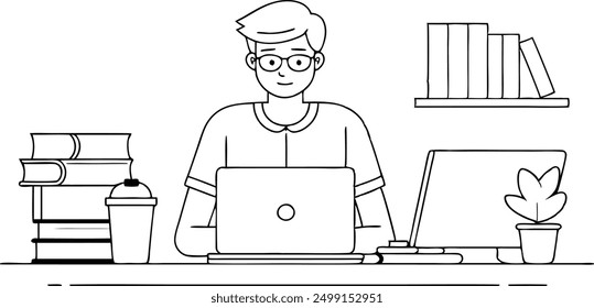 A man is sitting at a desk with a laptop and a cup of coffee. He is wearing glasses and he is focused on his work. The desk is cluttered with books and a potted plant