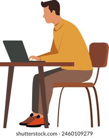 A man is sitting at a desk with a laptop in front of him, hand made not AI.