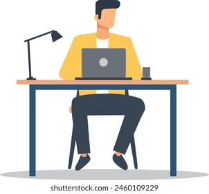 A man is sitting at a desk with a laptop and a lamp, hand made not AI.