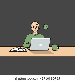 Hombre sentado en el escritorio con el ordenador portátil, el cuaderno y el bolígrafo, y una taza, significando trabajo remoto, aprendizaje en línea, o productividad. Esta ilustración muestra a una persona enfocada en tareas.