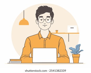 O homem está sentado em uma mesa com um laptop e uma planta em vaso. Ele está usando óculos e está focado em seu trabalho. Conceito de produtividade e concentração