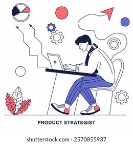 A man is sitting at a desk with a laptop for product strategist concept