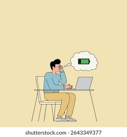 A man sitting at a desk with a laptop, thinking about a full battery. He looks tired or stressed.

