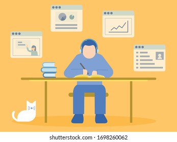 Man sitting at desk. Learning online course. Illustration about E-learning and Online course.
