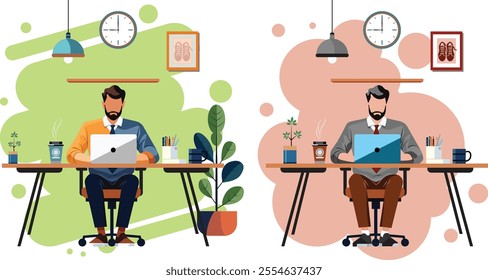 a man sitting at a desk in a modern office (flat design)