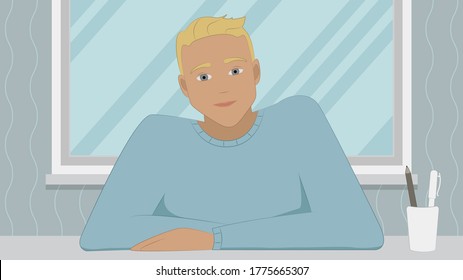 Man is sitting at a desk. Remote work. Cartoon style. Vector illustration.