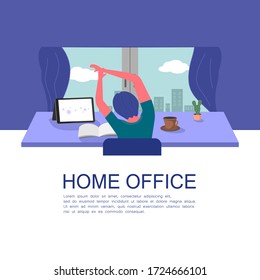 a man sitting at a desk stretching out to relieve back and shoulder pains due to the office syndrome in the home office. concept of work from home during coronavirus pandemic. vector illustration