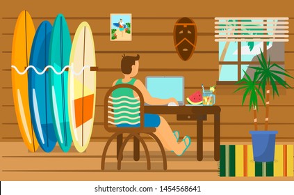 Man sitting at desk in surf hut. Freelancer working. Wooden hut interior. Surf boards, wicker chair, exotic mask, palm, mat. Surfer sitting at the computer. Flat cartoon.