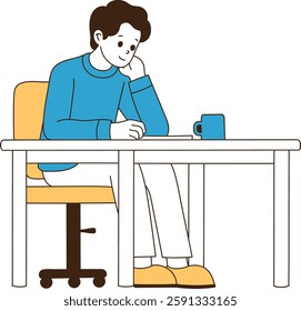 The man sitting at the desk thinking. minimal line art vector illustration.