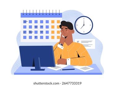 Man sitting at desk thinking while looking at computer monitor with calendar and clock in background, flat graphic style, concept of time management. Vector illustration