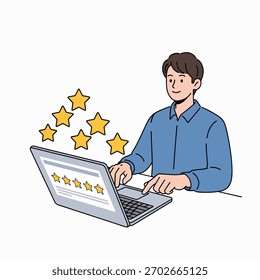 Um homem está sentado em uma mesa digitando em um laptop, com estrelas aparecendo acima da tela, indicando uma avaliação positiva ou classificação.