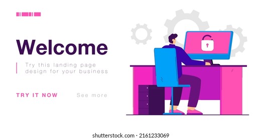 Man sitting at desk and unlocking computer. Computer settings, login flat vector illustration. Modern technologies, personal data protection concept for banner, website design or landing web paged