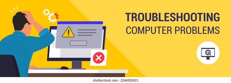 Man sitting at desk and using a computer, he receives an error message notification on a dialog box window