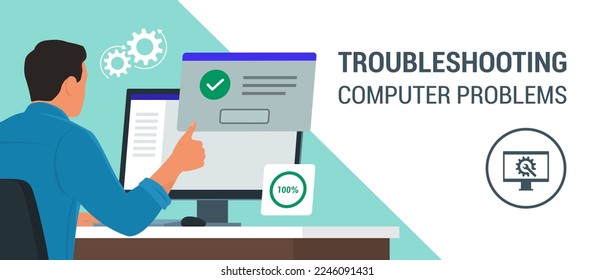 Man sitting at desk using a computer and giving a thumbs up, he receives a system notification: the software installation is complete