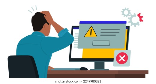 Man sitting at desk and using a computer, he receives an error message notification on a dialog box window