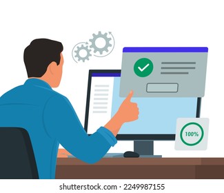 Man sitting at desk using a computer and giving a thumbs up, he receives a system notification: the software installation is complete