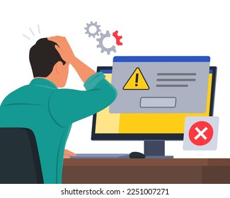 Man sitting at desk and using a computer, he receives an error message notification on a dialog box window