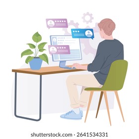 Man sitting at desk using computer, reading online reviews with star ratings, flat graphic style, white background. Concept of feedback analysis. Vector illustration