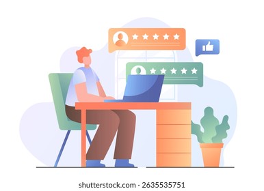 Man sitting at desk using laptop while reviewing five-star customer feedback, with thumbs-up icon and potted plant on a light abstract background. Vector illustration
