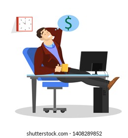 Man sitting at the desk at work and dream about money and wealth. Dollar sign in speech bubble. Thinking about financial growth. Isolated vector illustration in cartoon style