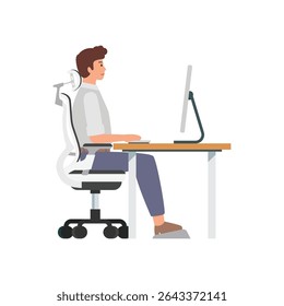 Man sitting at desk and working with a computer. Vector illustration