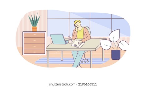 Man sitting at desk, working with laptop and talking on phone. Young man sitting at workplace at home, office interior, communicating and working. Freelance, distance education hand drawn style vector