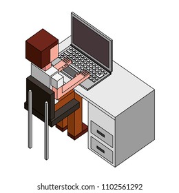 man sitting at a desk and working on the computer back view isometric