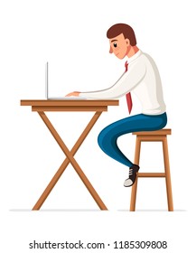 Man sitting at desk and working on laptop. Workplace, make money online, e-business, e-learning, concept. Man busy working. Flat vector illustration isolated on white background.