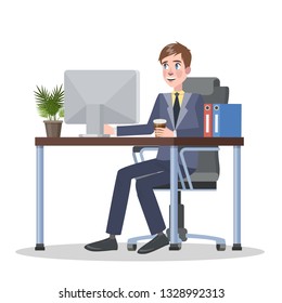 Man sitting at the desk and working on the laptop computer. Office character, employee or worker. Vector illustration in cartoon style