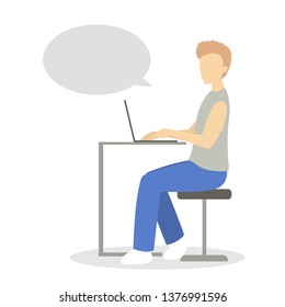 Man sitting at the desk and working on the laptop computer. Worker talking using speech bubble. Empty space for message. Isolated flat vector illustration
