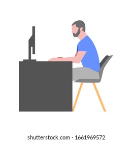 Man sitting at desk and working on computer. Flat design isolated vector illustration. Side view