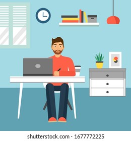A man sitting at a desk and working on computer front view in flat design. Work from home during Covid-19 outbreak. Work at home concept vector illustration.